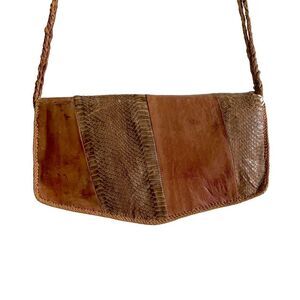 Vintage Boho Handmade Leather Snakeskin Shoulder Crossbody Clutch Purse Brown
